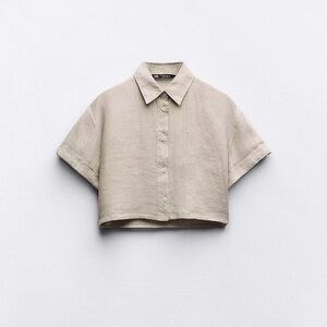 Zara Cropped Short-Sleeve Button-Up Shirt - Light Beige